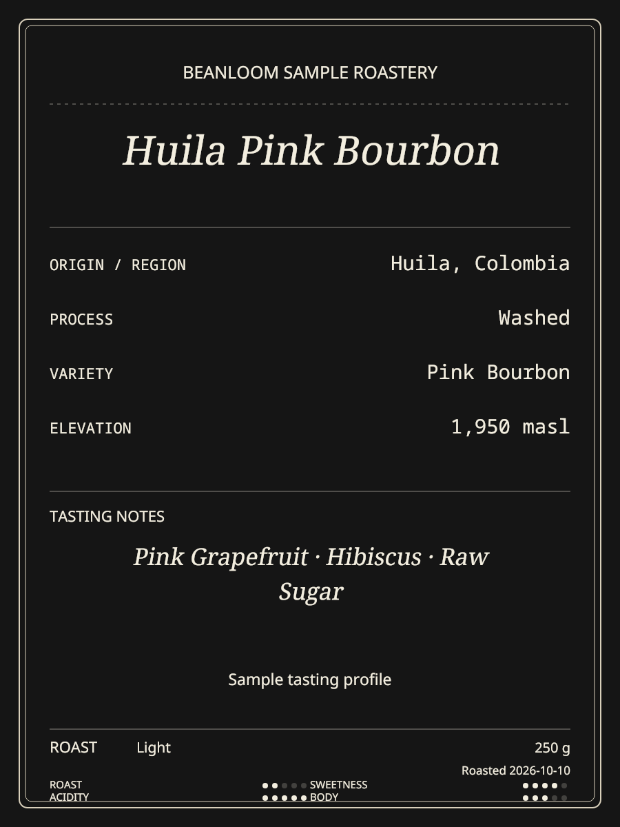 Vintage Apothecary Coffee Label layout with sample coffee details