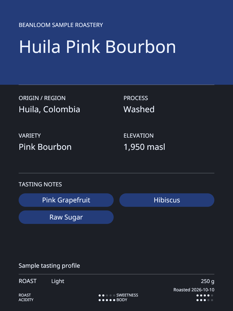 Color Block Specialty Coffee Label layout with sample coffee details
