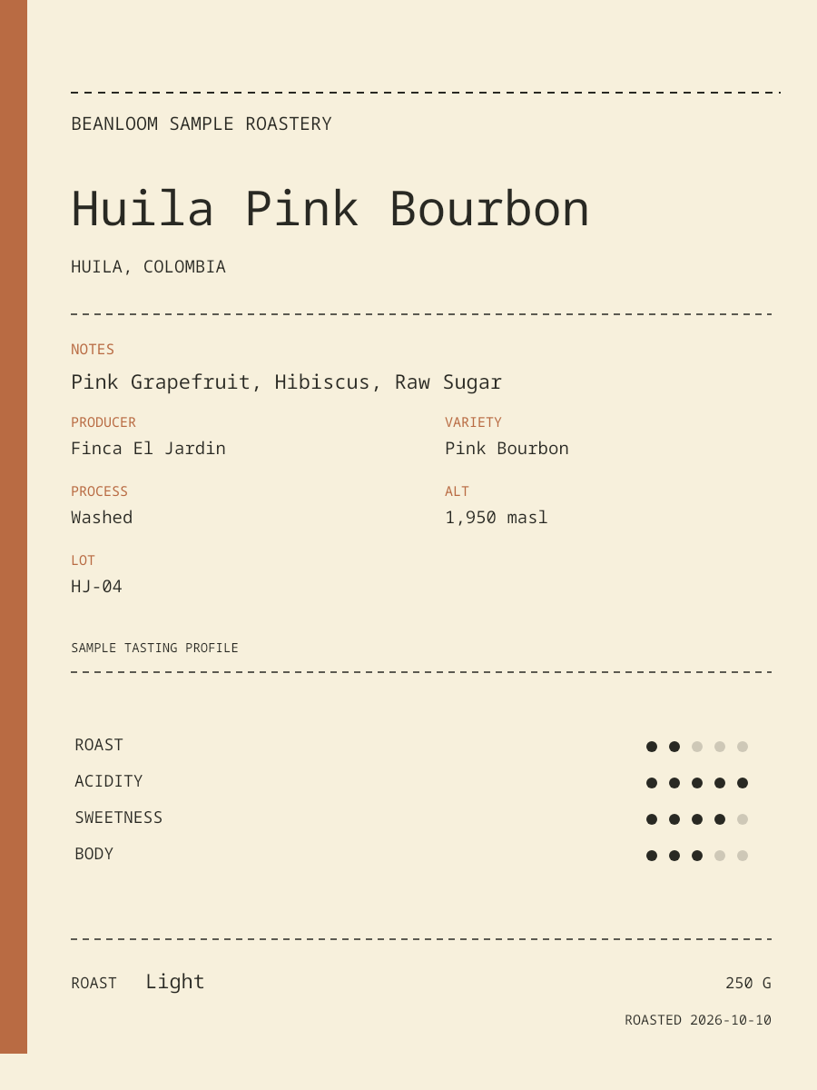 Kissaten Ticket Coffee Label Template layout with sample coffee details