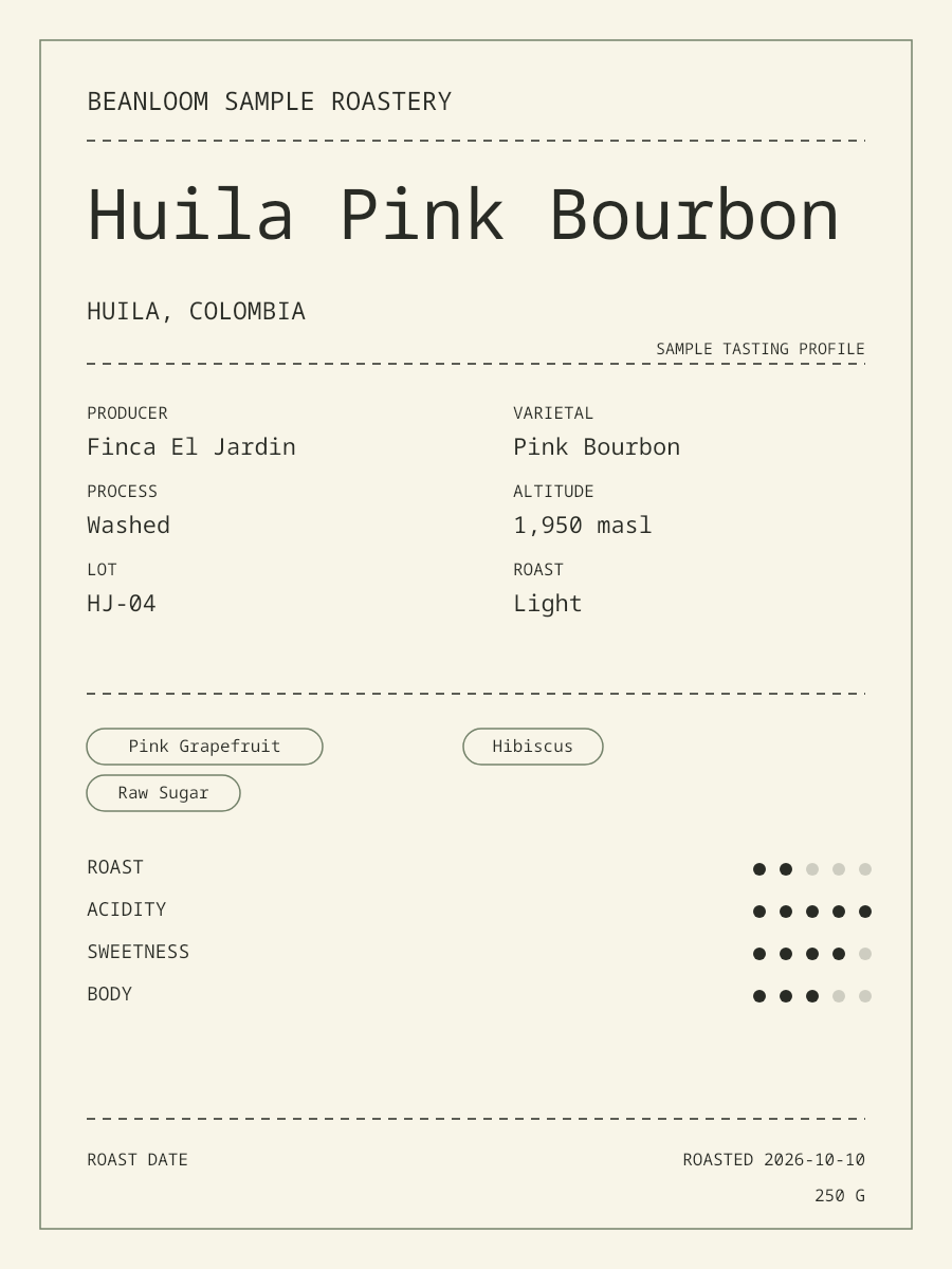 Nordic Lab Coffee Label Template layout with sample coffee details