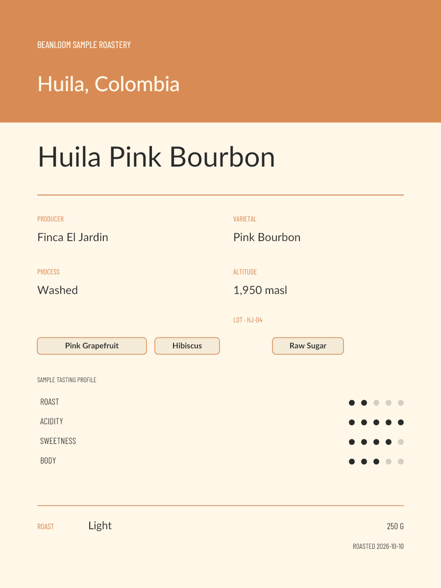 Origin Color-Band Coffee Label Template layout with sample coffee details