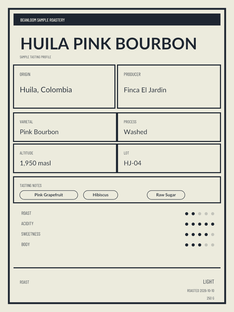 Swiss Brutalist Coffee Label Template layout with sample coffee details