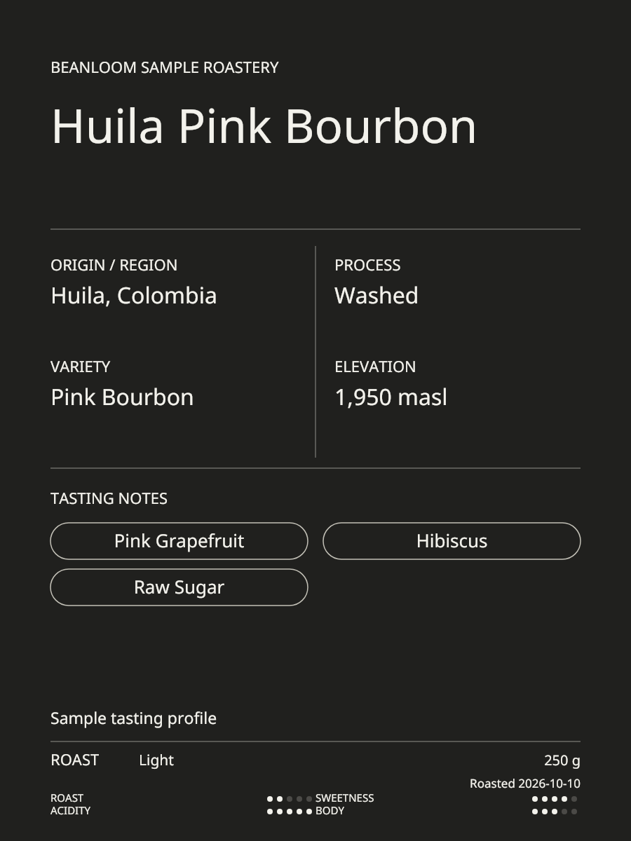 Swiss Grid Minimalist Coffee Label layout with sample coffee details