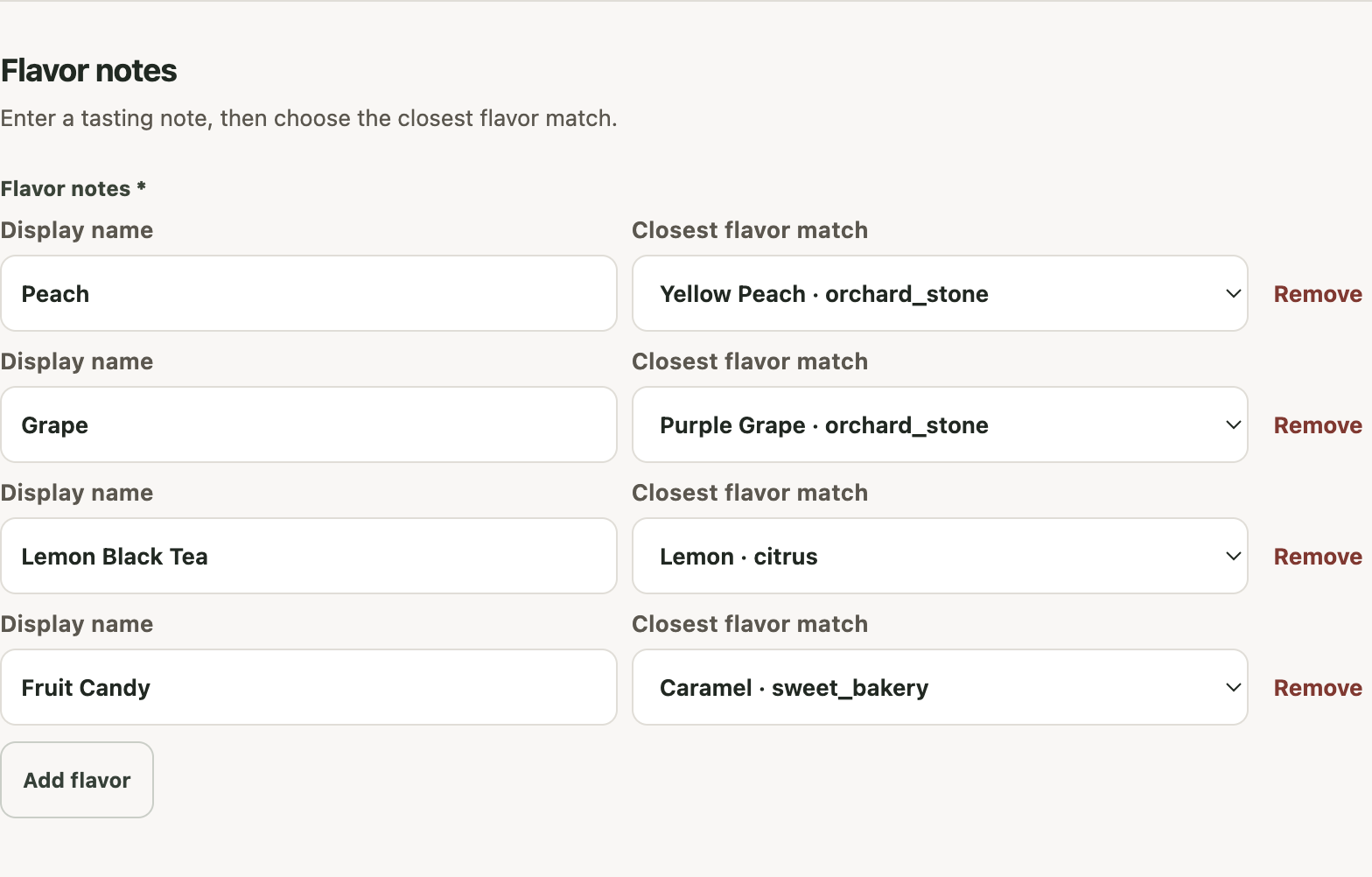 Four demonstration tasting-note display names beside their selected closest flavor matches in Beanloom