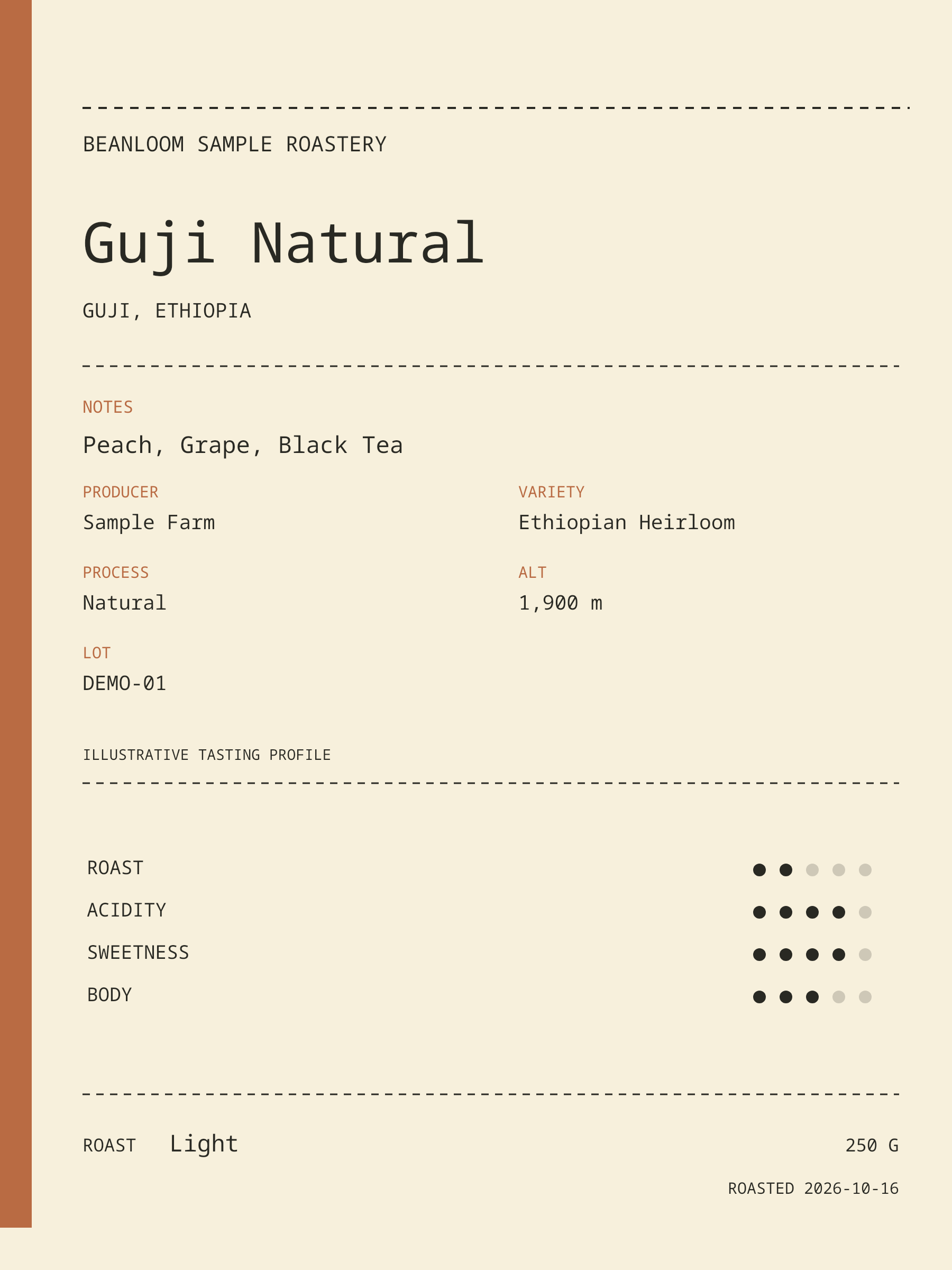 Kissaten Ticket coffee flavor card with an orange edge, Guji Natural example information and illustrative roast, acidity, sweetness and body ratings