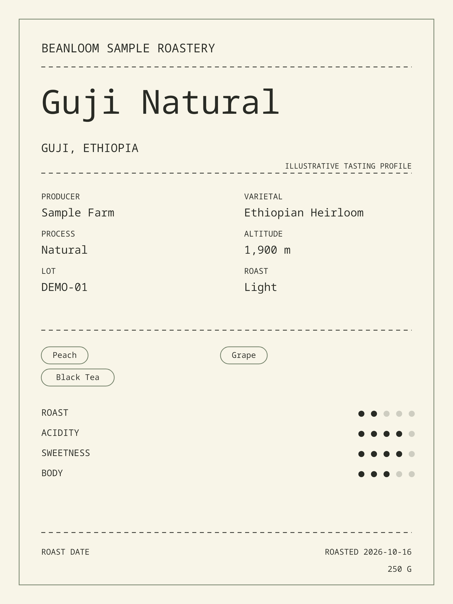 Nordic Lab coffee tasting card in a pale palette with Guji Natural sample facts, flavor chips and four illustrative sensory scales